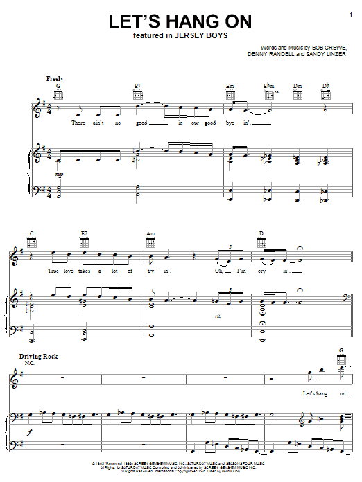 Frankie Valli & The Four Seasons Let's Hang On sheet music notes and chords arranged for Piano, Vocal & Guitar Chords (Right-Hand Melody)