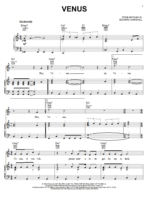 Frankie Avalon Venus sheet music notes and chords arranged for Guitar Chords/Lyrics