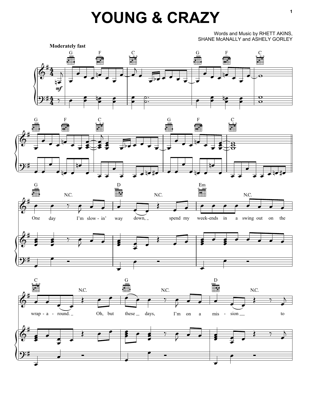Frankie Ballard Young & Crazy sheet music notes and chords arranged for Piano, Vocal & Guitar Chords (Right-Hand Melody)