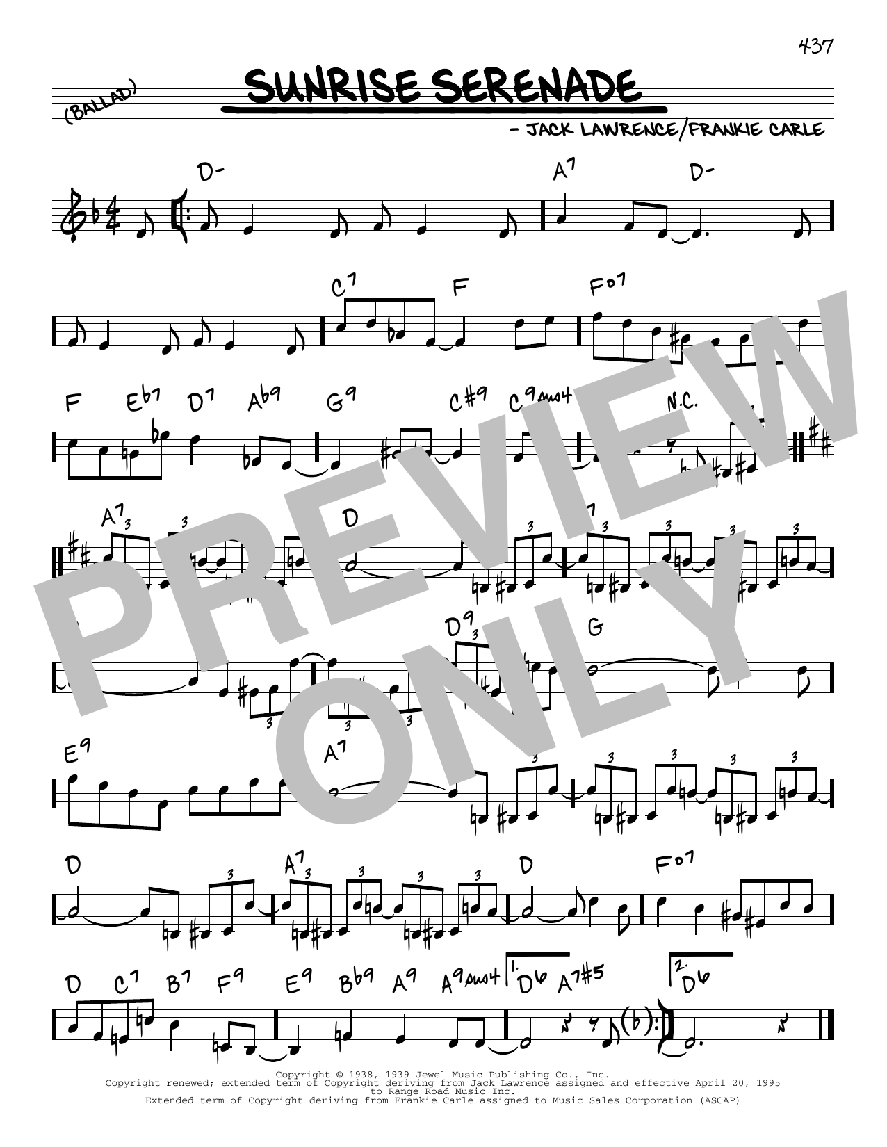 Frankie Carle and Jack Lawrence Sunrise Serenade sheet music notes and chords arranged for Real Book – Melody & Chords