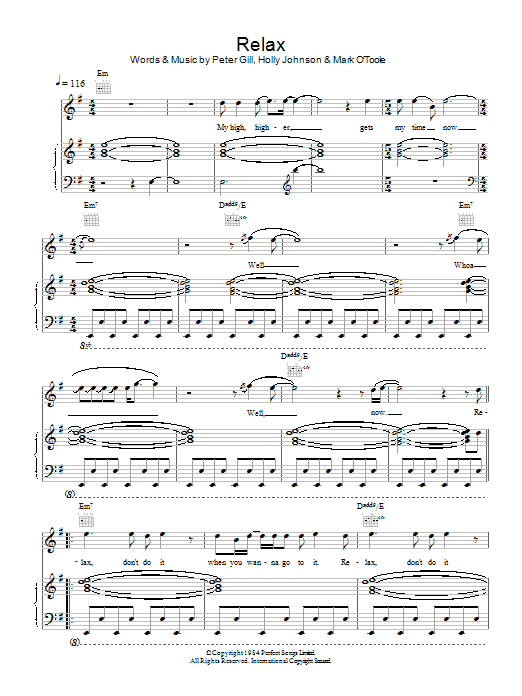 Frankie Goes To Hollywood Relax sheet music notes and chords arranged for Piano, Vocal & Guitar Chords