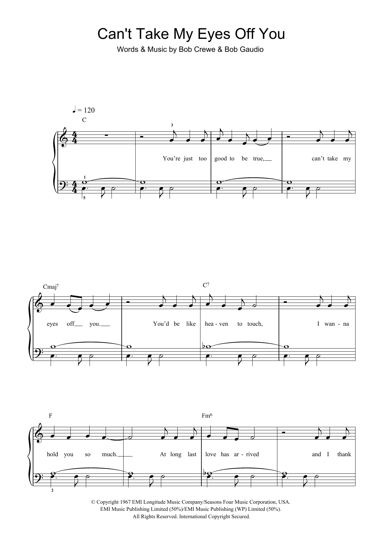 Frankie Valli & The Four Seasons Can't Take My Eyes Off Of You sheet music notes and chords arranged for Alto Sax Solo