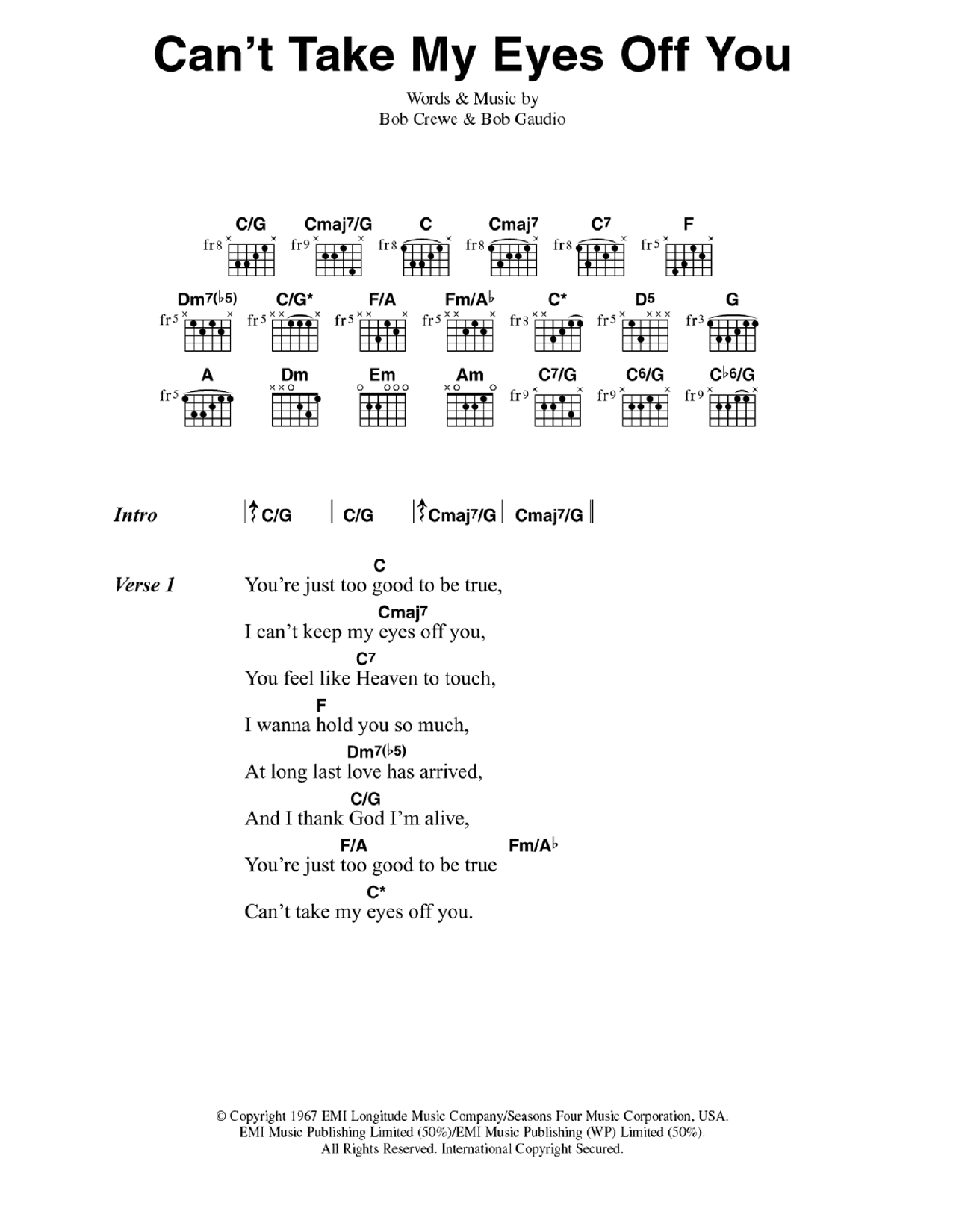 Frankie Valli & The Four Seasons Can't Take My Eyes Off You sheet music notes and chords arranged for Guitar Chords/Lyrics