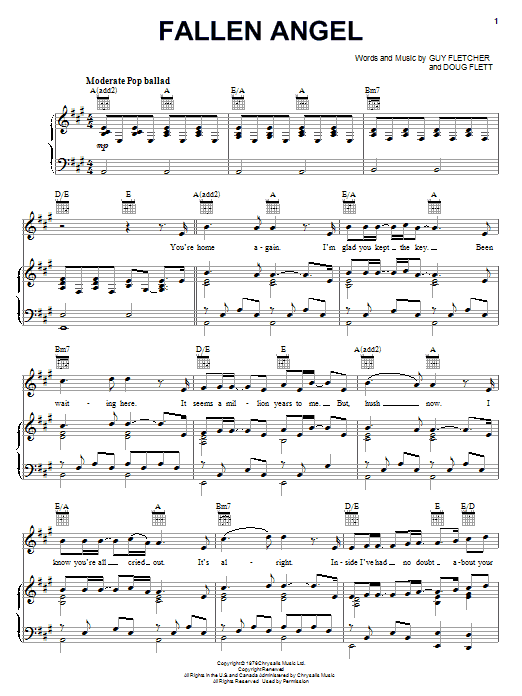 Frankie Valli & The Four Seasons Fallen Angel sheet music notes and chords arranged for Piano, Vocal & Guitar Chords (Right-Hand Melody)