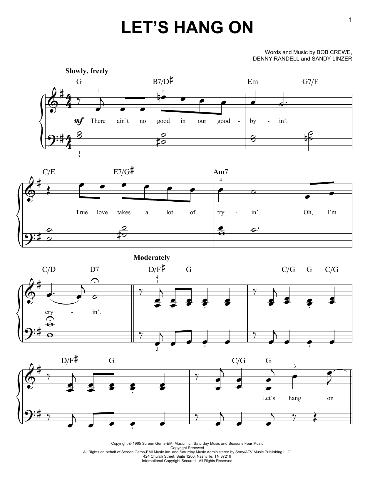 Frankie Valli & The Four Seasons Let's Hang On sheet music notes and chords arranged for Easy Piano
