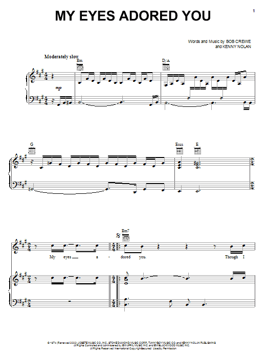 Frankie Valli & The Four Seasons My Eyes Adored You sheet music notes and chords arranged for Piano, Vocal & Guitar Chords (Right-Hand Melody)