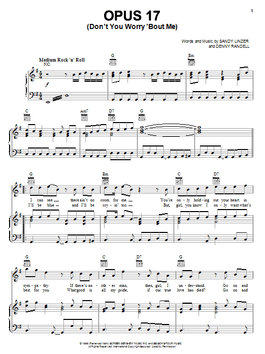 Frankie Valli & The Four Seasons Opus 17 (Don't Worry 'Bout Me) sheet music notes and chords arranged for Piano, Vocal & Guitar Chords (Right-Hand Melody)