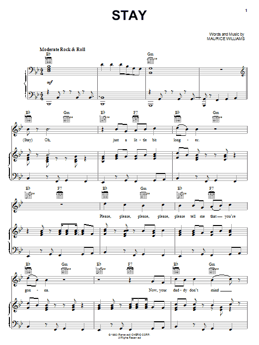 Frankie Valli & The Four Seasons Stay sheet music notes and chords arranged for Piano, Vocal & Guitar Chords (Right-Hand Melody)
