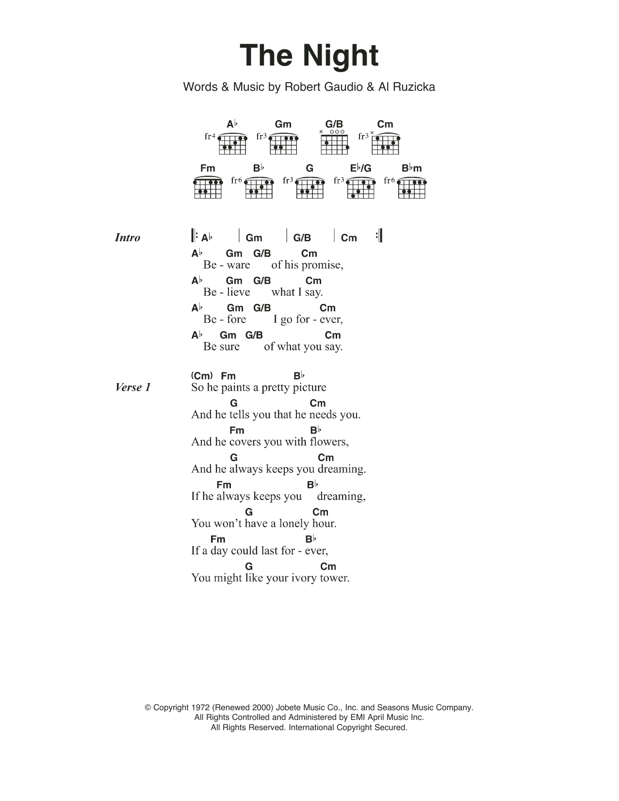 Frankie Valli & The Four Seasons The Night sheet music notes and chords arranged for Guitar Chords/Lyrics
