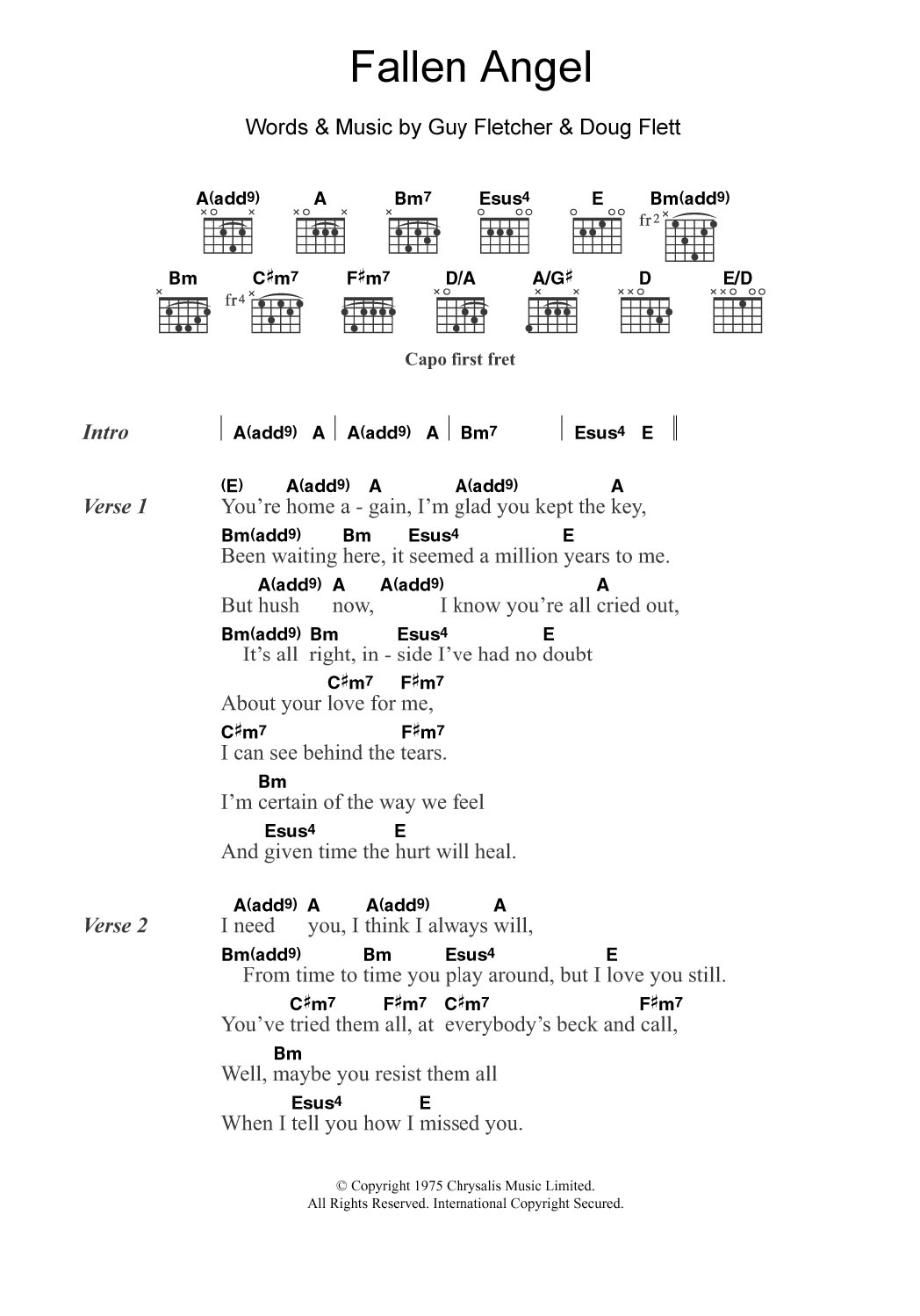 Frankie Valli Fallen Angel sheet music notes and chords arranged for Guitar Chords/Lyrics