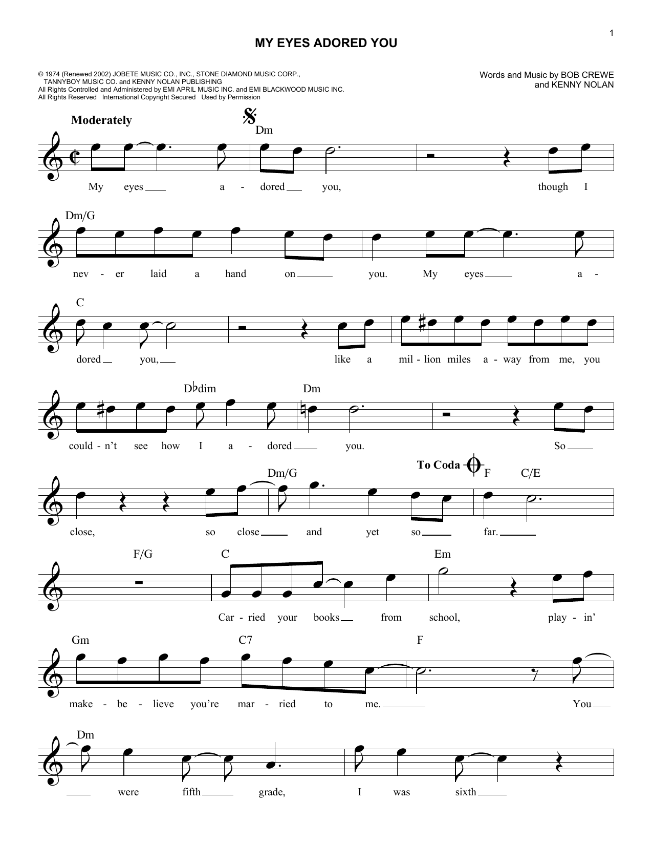 Frankie Valli My Eyes Adored You sheet music notes and chords arranged for Lead Sheet / Fake Book