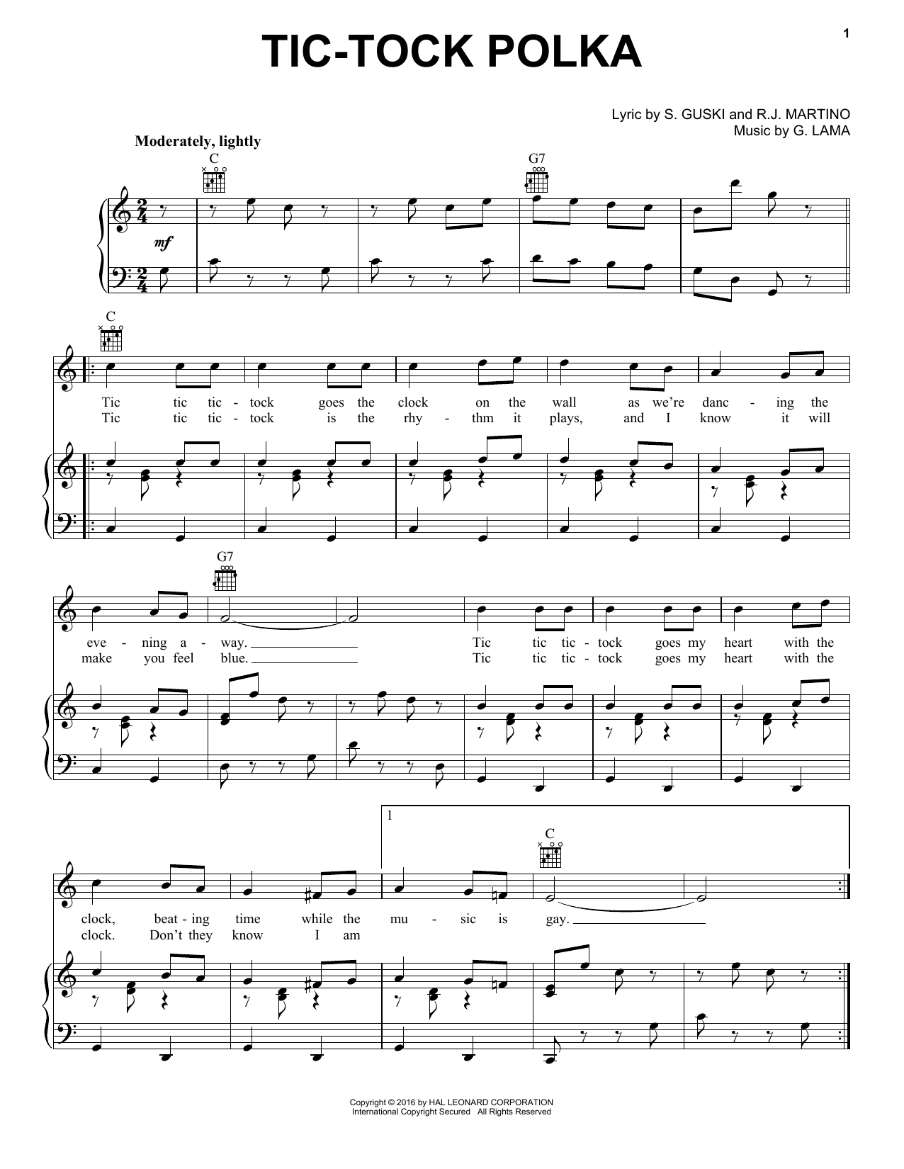 Frankie Yankovic Tic-Tock Polka sheet music notes and chords arranged for Piano, Vocal & Guitar Chords (Right-Hand Melody)