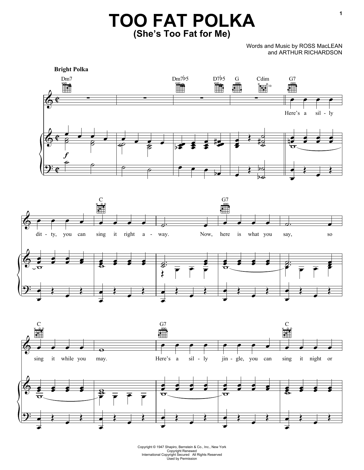 Ross MacLean Too Fat Polka (She's Too Fat For Me) sheet music notes and chords arranged for Accordion