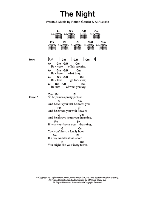 Frankie Valli & The Four Seasons The Night sheet music notes and chords arranged for Guitar Chords/Lyrics