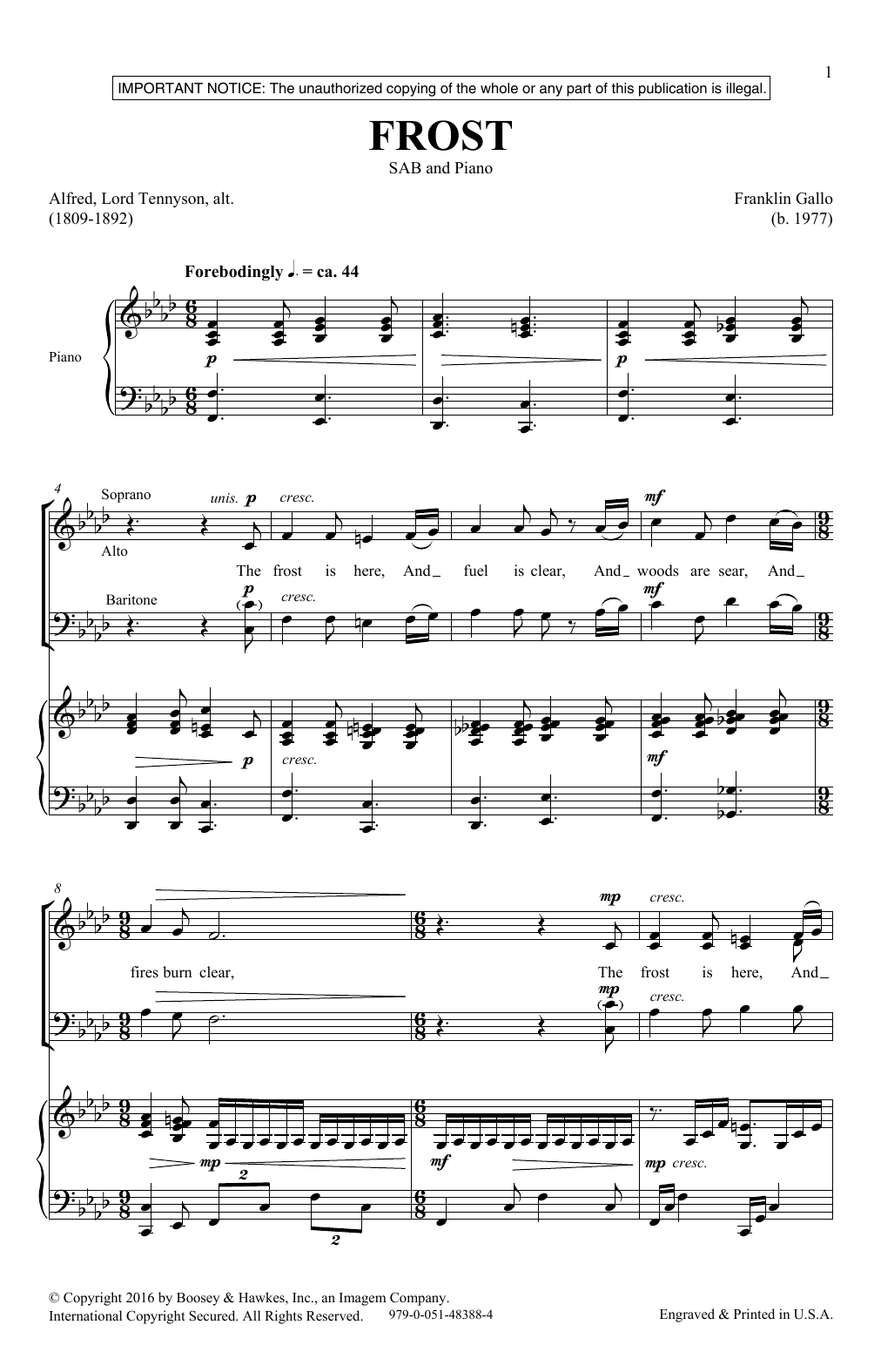 Franklin Gallo Frost sheet music notes and chords arranged for SAB Choir