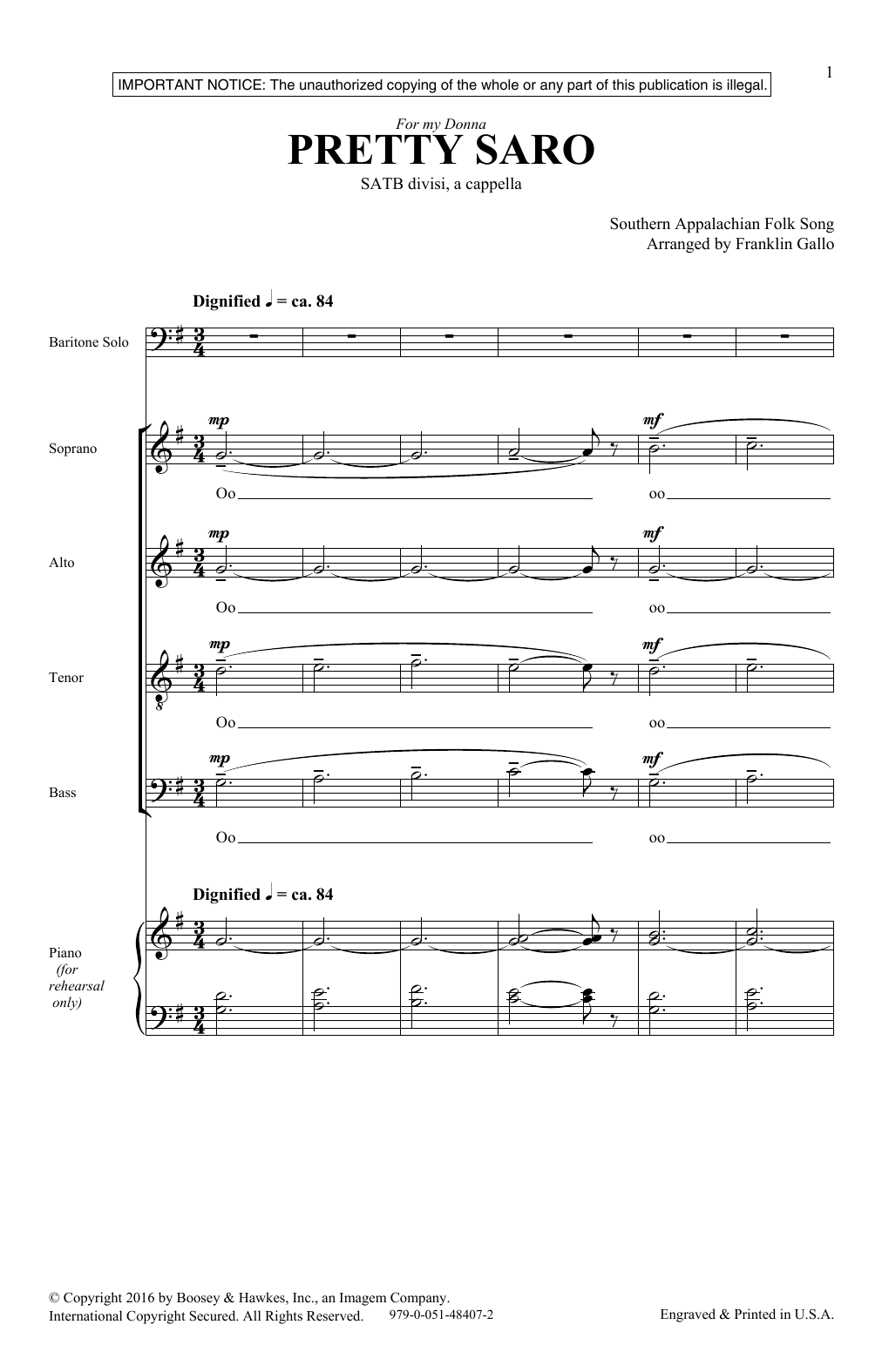 Franklin Gallo Pretty Saro sheet music notes and chords arranged for SATB Choir