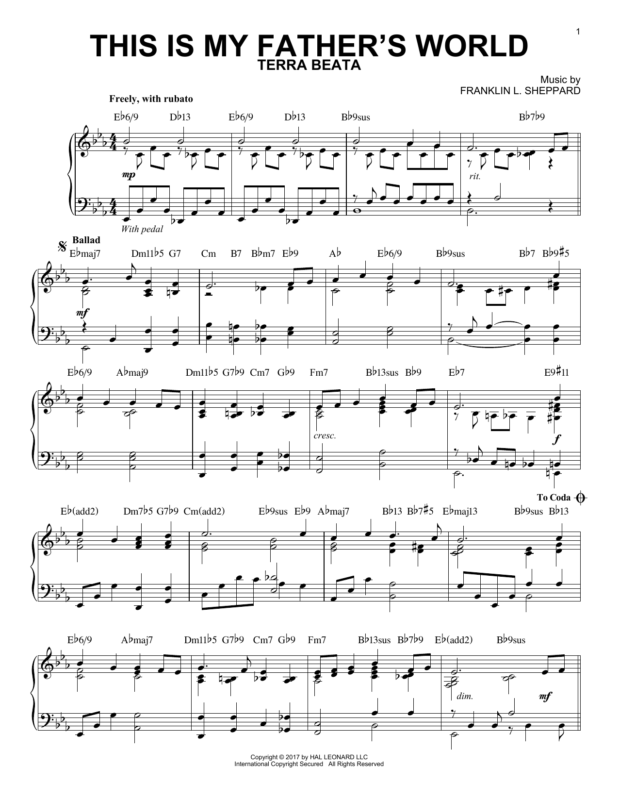 Franklin L. Sheppard This Is My Father's World [Jazz version] sheet music notes and chords arranged for Piano Solo