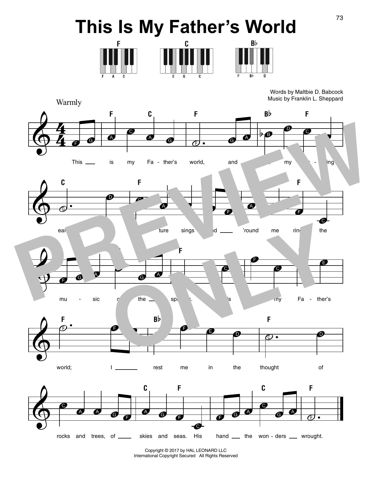 Franklin L. Sheppard This Is My Father's World sheet music notes and chords arranged for Super Easy Piano