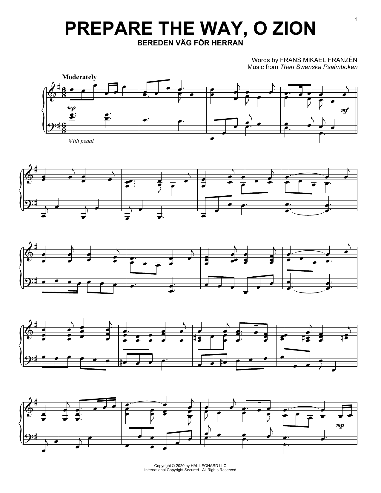 Frans Mikael Frazen Prepare The Way, O Zion sheet music notes and chords arranged for Piano Solo