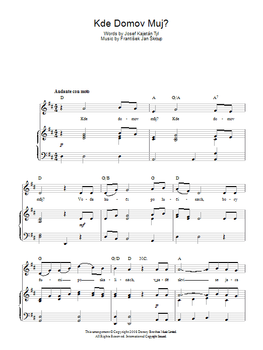 Frantisek Jan Skroup Kde Domov Muj? (Czech Republic National Anthem) sheet music notes and chords arranged for Piano, Vocal & Guitar Chords