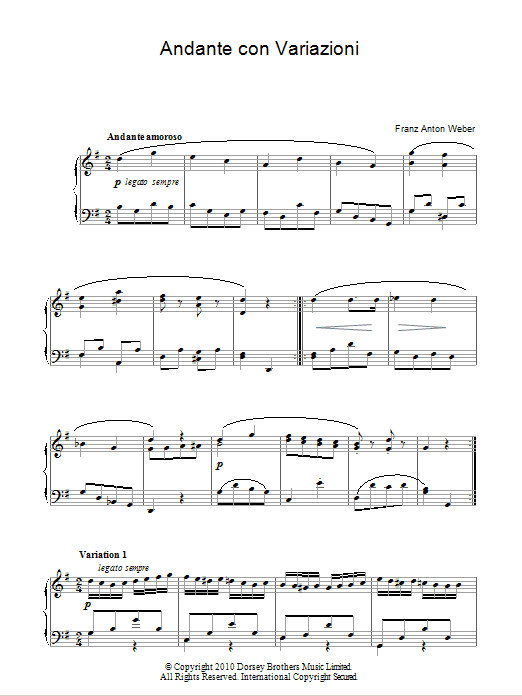 Franz Anton Weber Andante Con Variazioni sheet music notes and chords arranged for Piano Solo