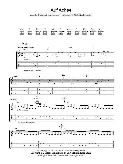 Franz Ferdinand Auf Achse sheet music notes and chords arranged for Guitar Chords/Lyrics