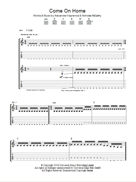 Franz Ferdinand Come On Home sheet music notes and chords arranged for Guitar Chords/Lyrics