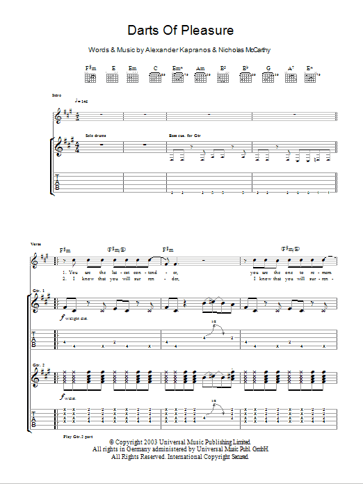 Franz Ferdinand Darts Of Pleasure sheet music notes and chords arranged for Guitar Tab