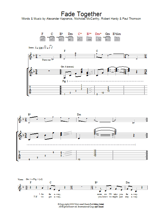 Franz Ferdinand Fade Together sheet music notes and chords arranged for Guitar Chords/Lyrics