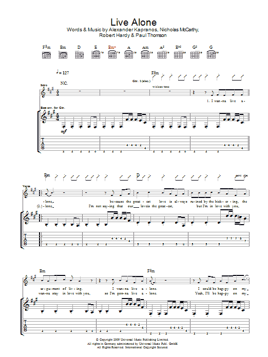 Franz Ferdinand Live Alone sheet music notes and chords arranged for Guitar Tab