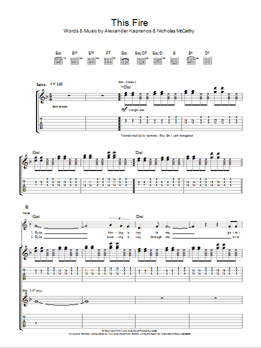 Franz Ferdinand This Fire sheet music notes and chords arranged for Guitar Tab