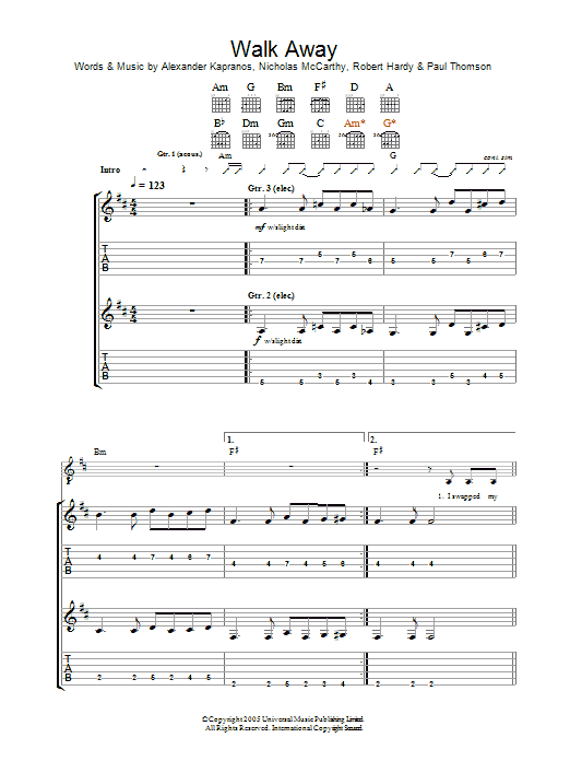 Franz Ferdinand Walk Away sheet music notes and chords arranged for Piano, Vocal & Guitar Chords