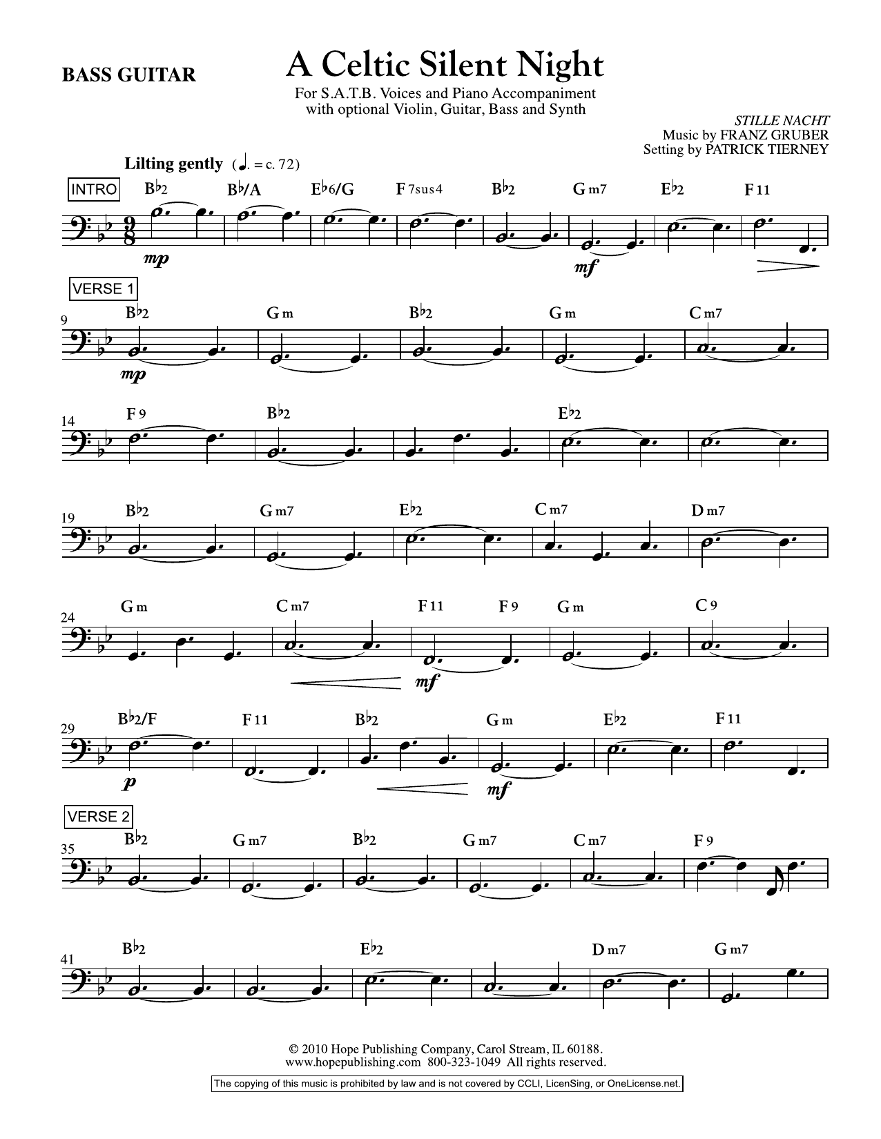 Franz Gruber A Celtic Silent Night - Bass Guitar sheet music notes and chords arranged for Choir Instrumental Pak