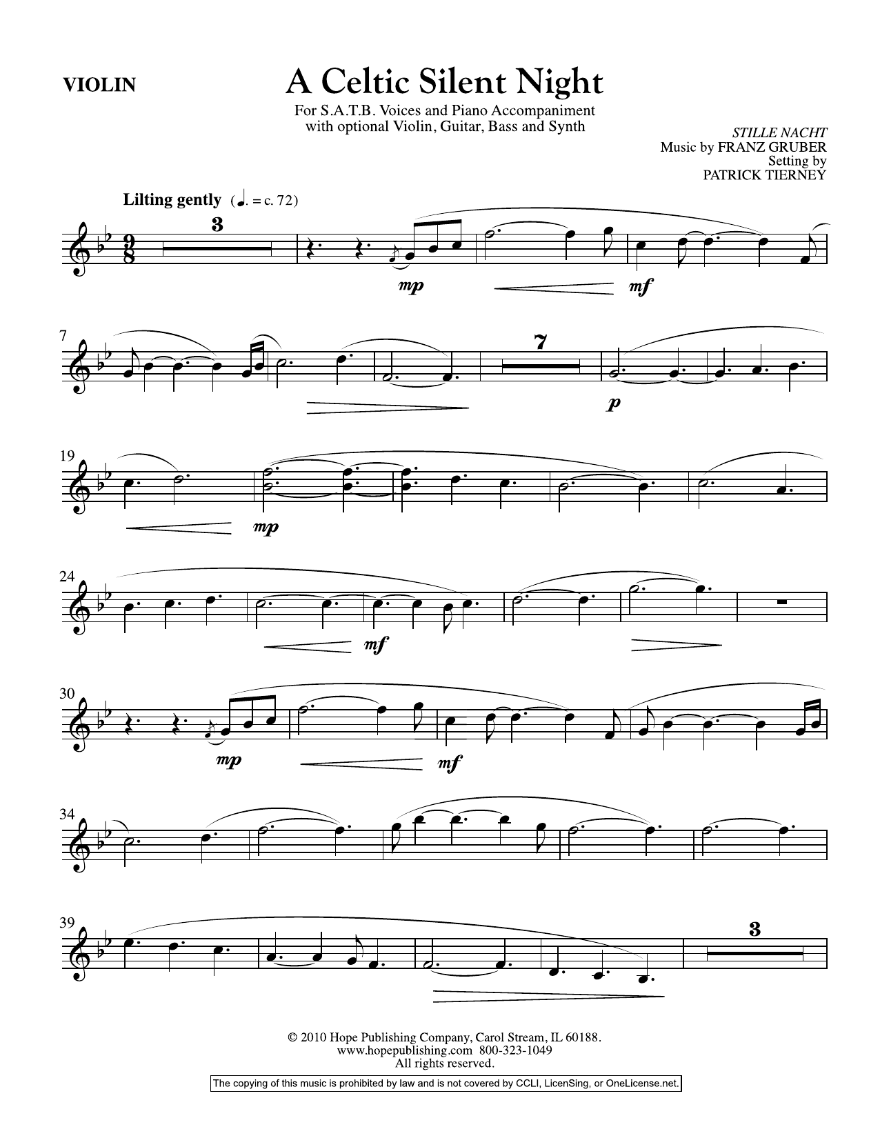 Franz Gruber A Celtic Silent Night - Violin sheet music notes and chords arranged for Choir Instrumental Pak
