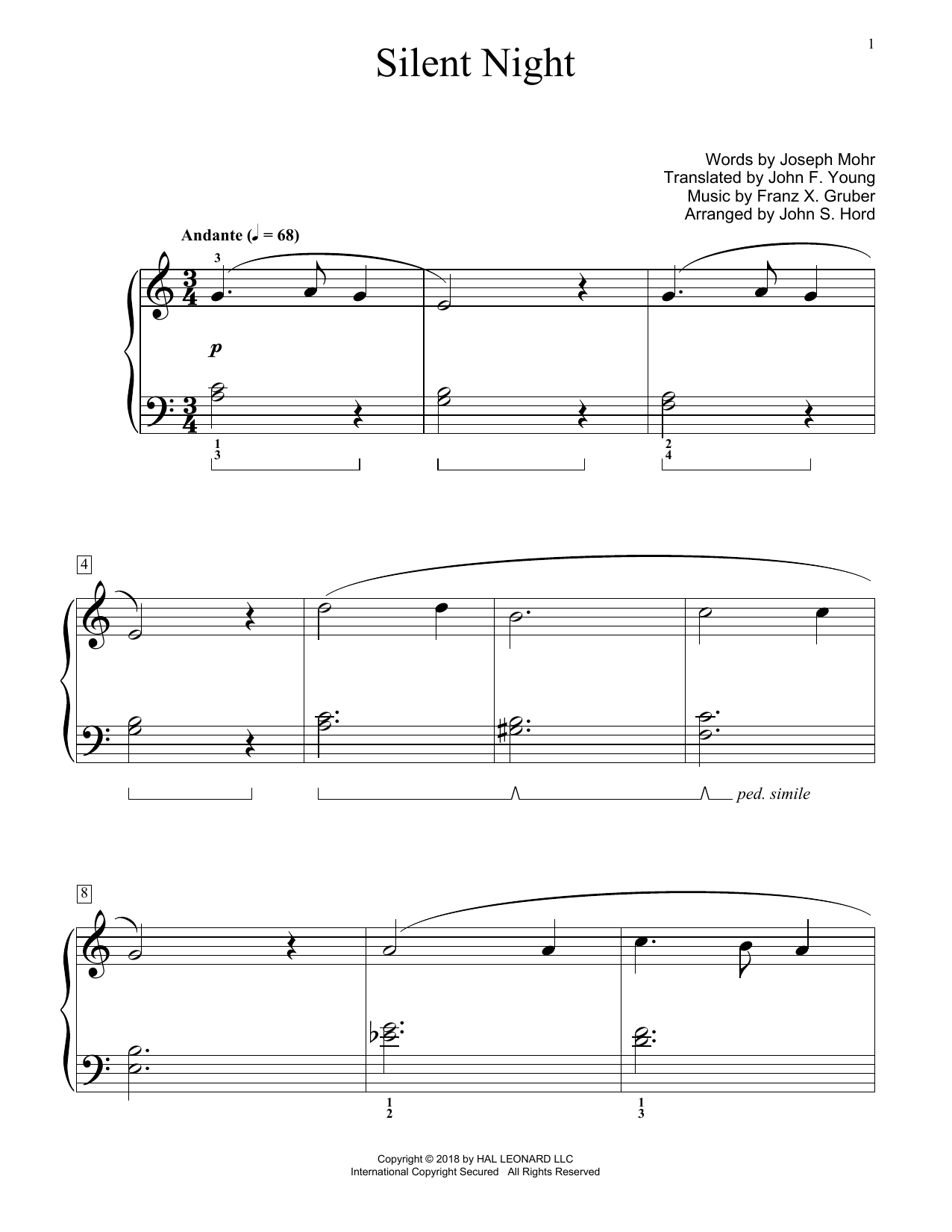 Franz Gruber Silent Night (arr. John S. Hord) sheet music notes and chords arranged for Educational Piano