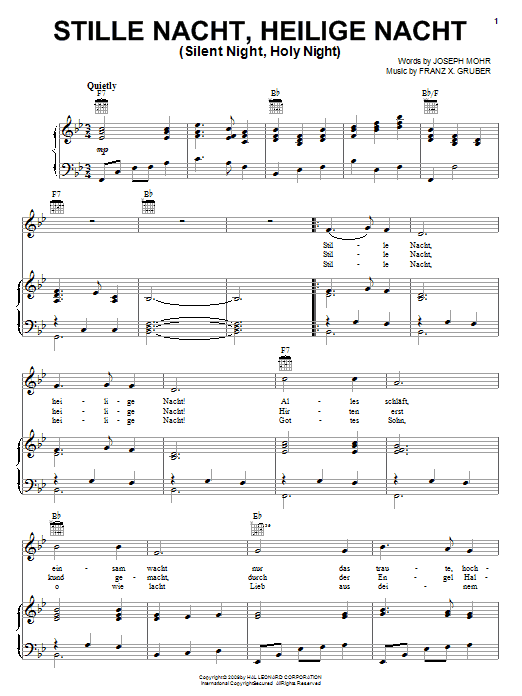 Franz Gruber Stille Nacht sheet music notes and chords arranged for Piano, Vocal & Guitar Chords (Right-Hand Melody)