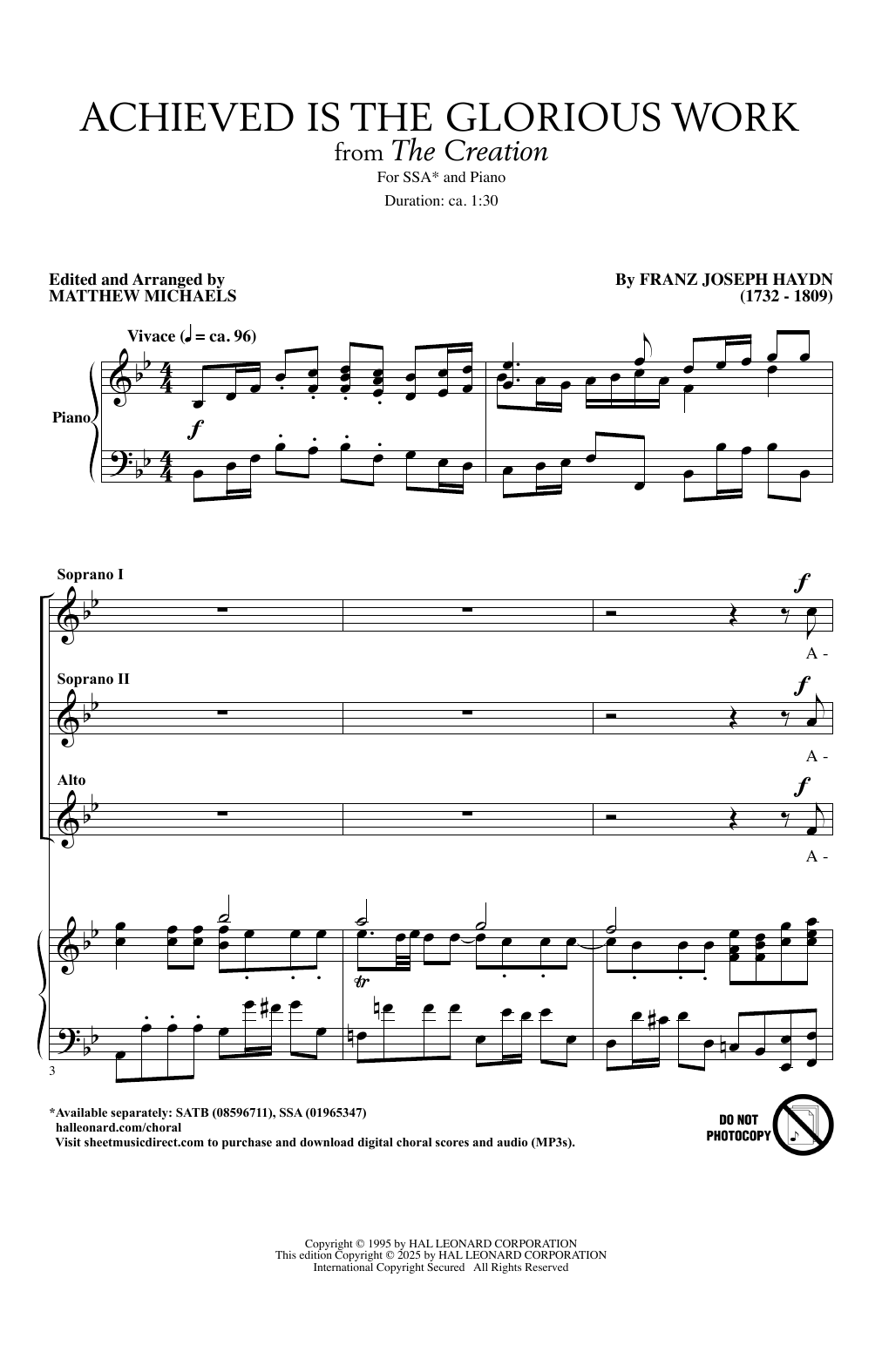 Franz Joseph Haydn Achieved Is The Glorious Work (arr. Matthew Michaels) sheet music notes and chords arranged for SSA Choir