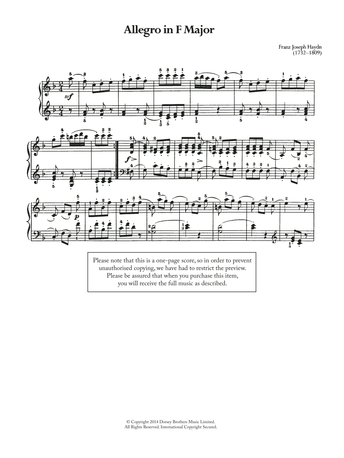 Franz Joseph Haydn Allegro sheet music notes and chords arranged for Piano Solo