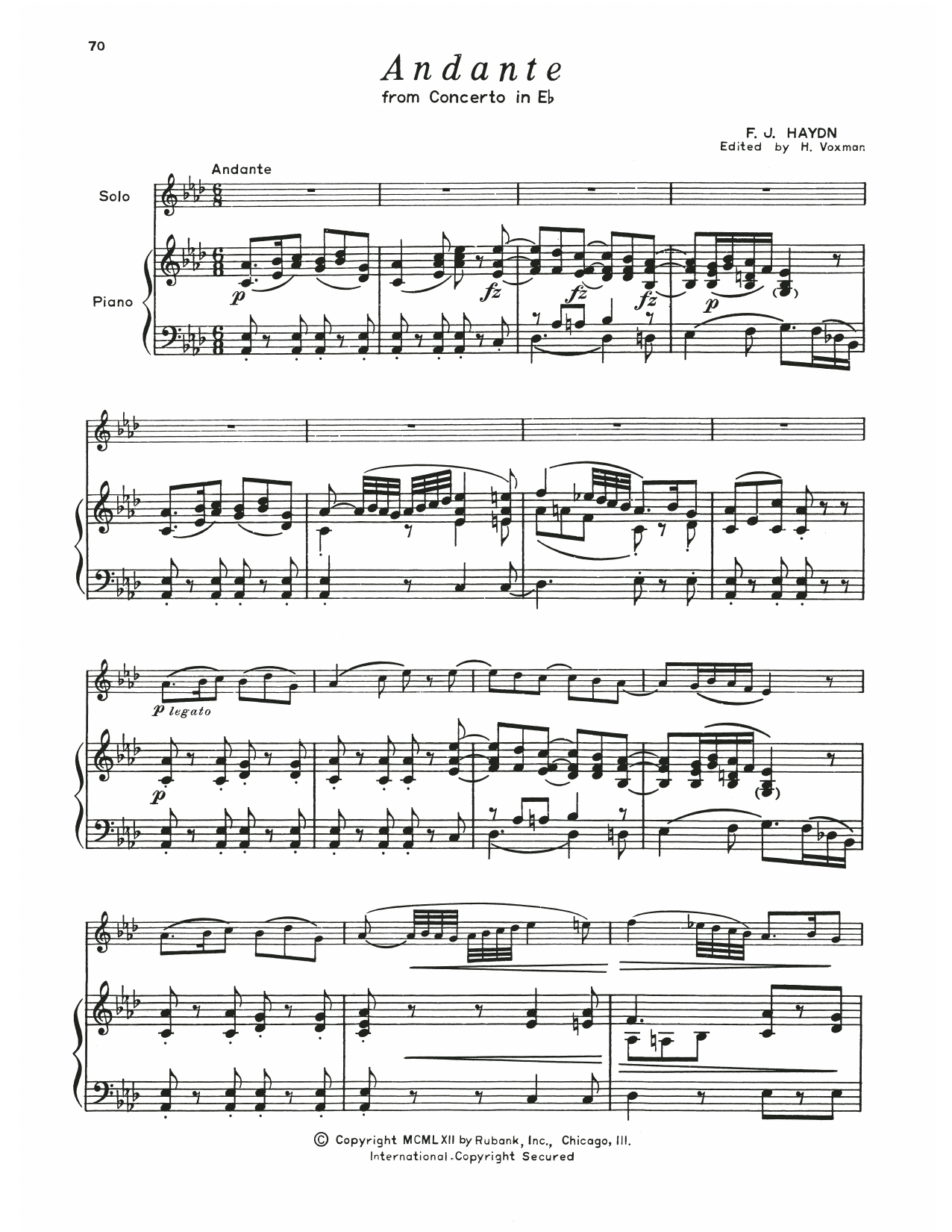 Franz Joseph Haydn Andante (Concerto In E Flat) sheet music notes and chords arranged for Baritone T.C. and Piano