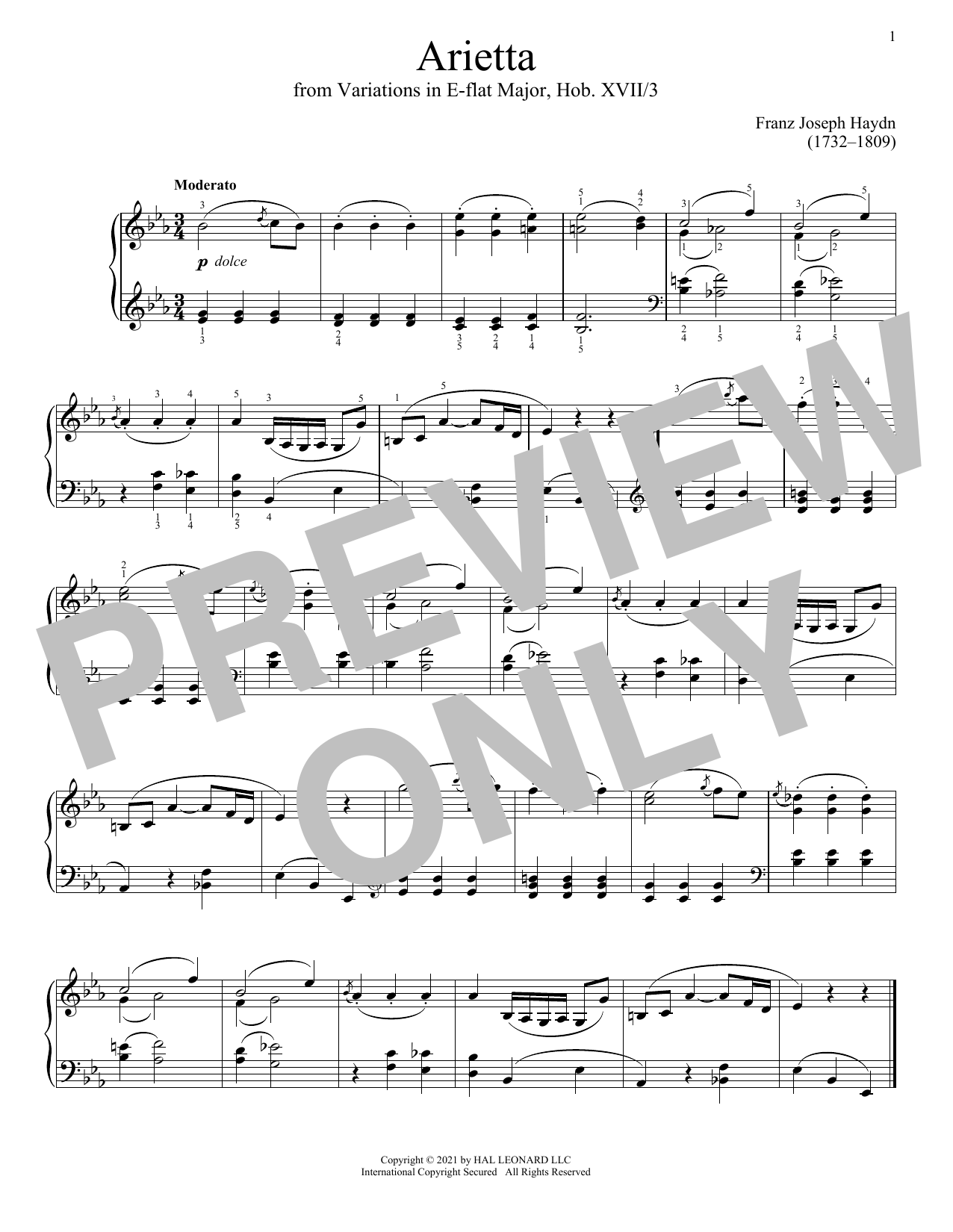 Franz Joseph Haydn Arietta sheet music notes and chords arranged for Piano Solo