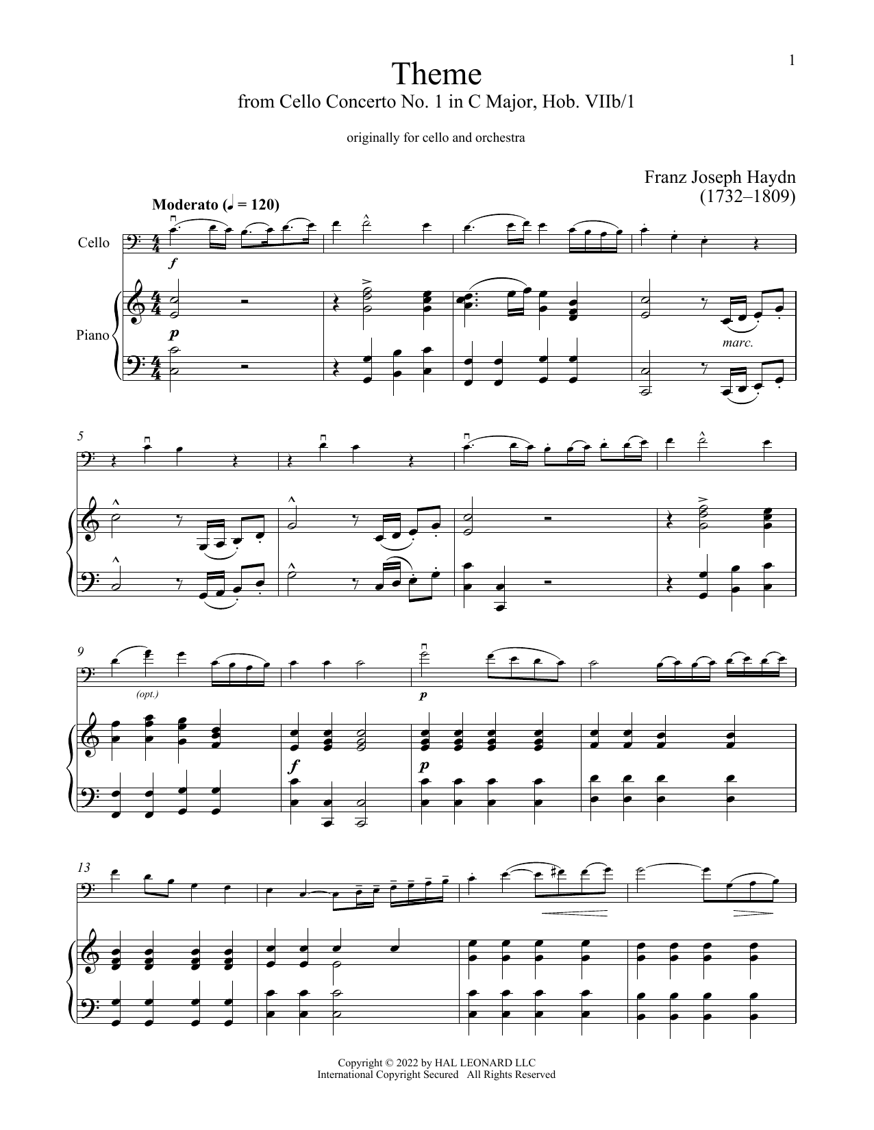 Franz Joseph Haydn Cello Concerto In C Major sheet music notes and chords arranged for Cello and Piano
