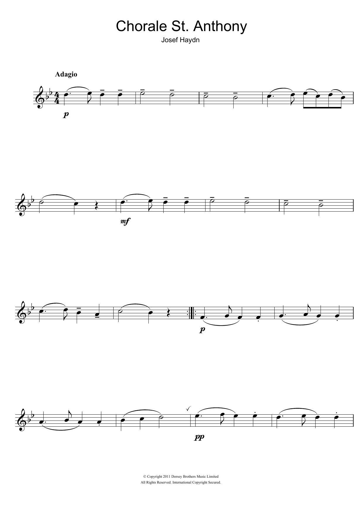 Franz Joseph Haydn Chorale St. Anthony sheet music notes and chords arranged for Flute Solo
