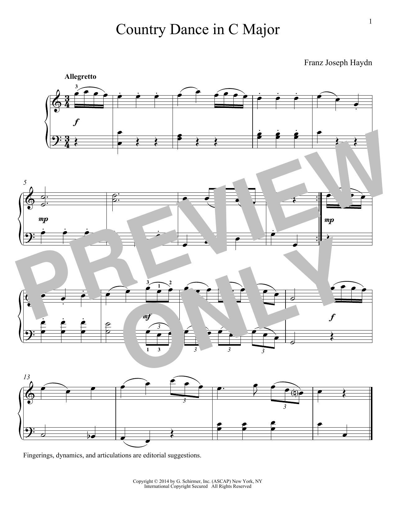 Franz Joseph Haydn Country Dance In C Major sheet music notes and chords arranged for Piano Solo
