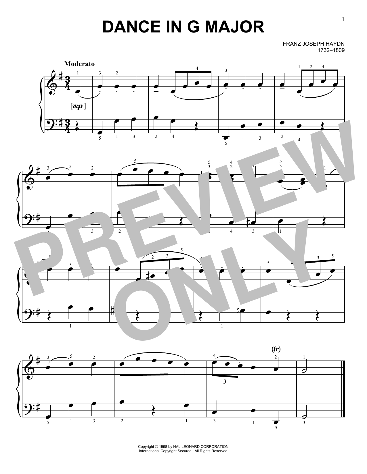 Franz Joseph Haydn Dance In G Major sheet music notes and chords arranged for Easy Piano