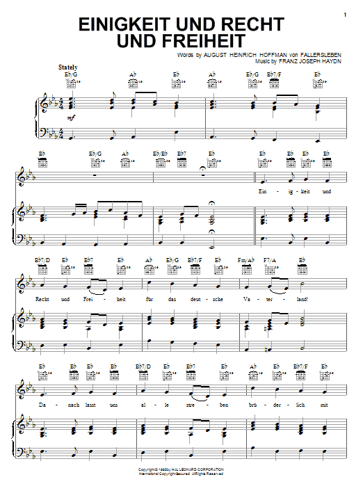 Franz Joseph Haydn Einigkeit Und Recht Und Freiheit sheet music notes and chords arranged for Piano, Vocal & Guitar Chords (Right-Hand Melody)