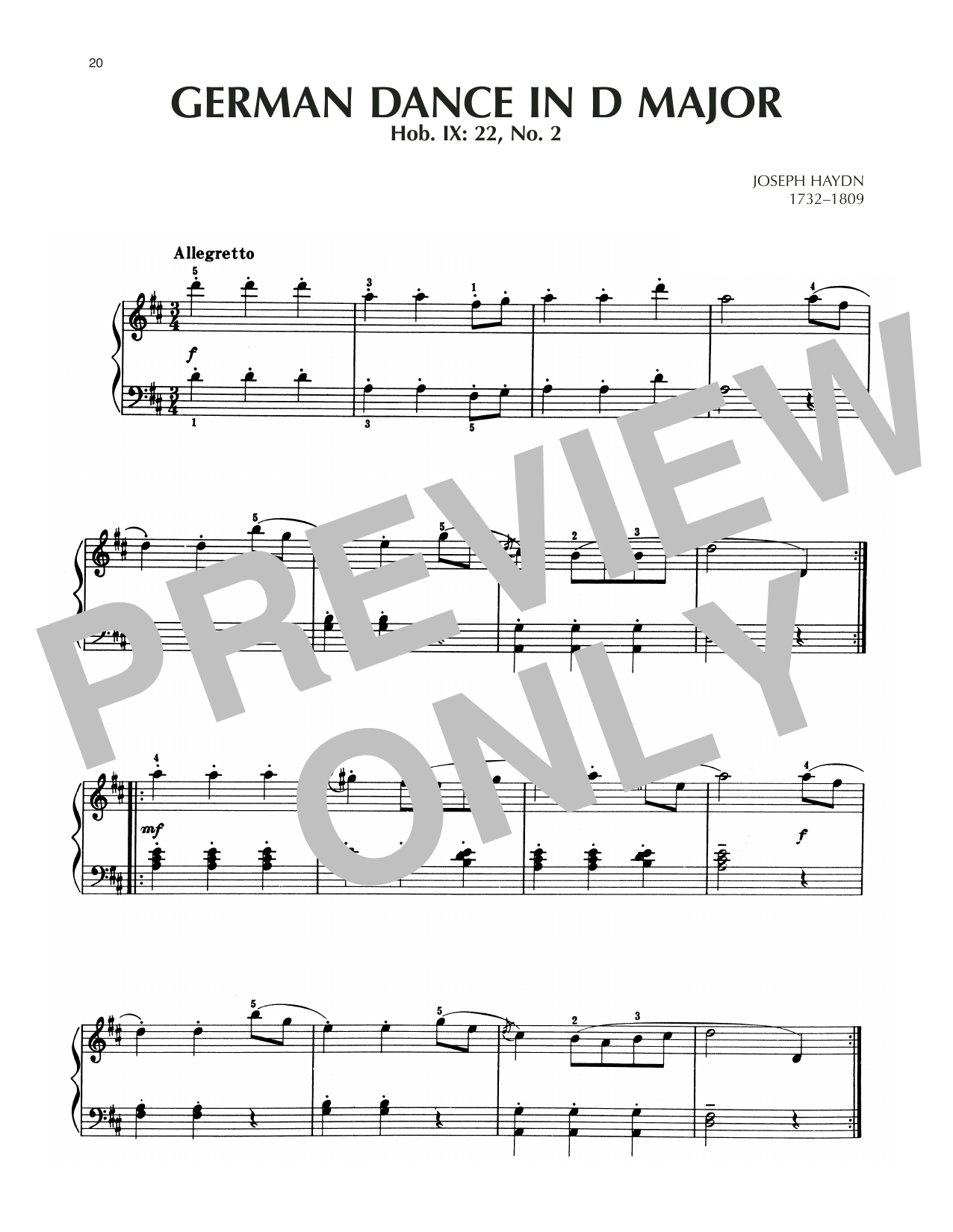 Franz Joseph Haydn German Dance In D Major, Hob. IX: 22, No. 2 sheet music notes and chords arranged for Piano Solo