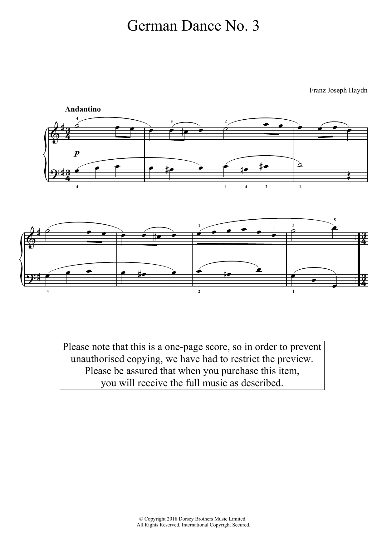 Franz Joseph Haydn German Dance No. 3 sheet music notes and chords arranged for Piano Solo