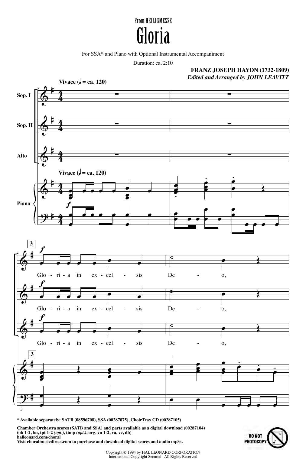 Franz Joseph Haydn Gloria (from Heiligmesse) (arr. John Leavitt) sheet music notes and chords arranged for SSA Choir