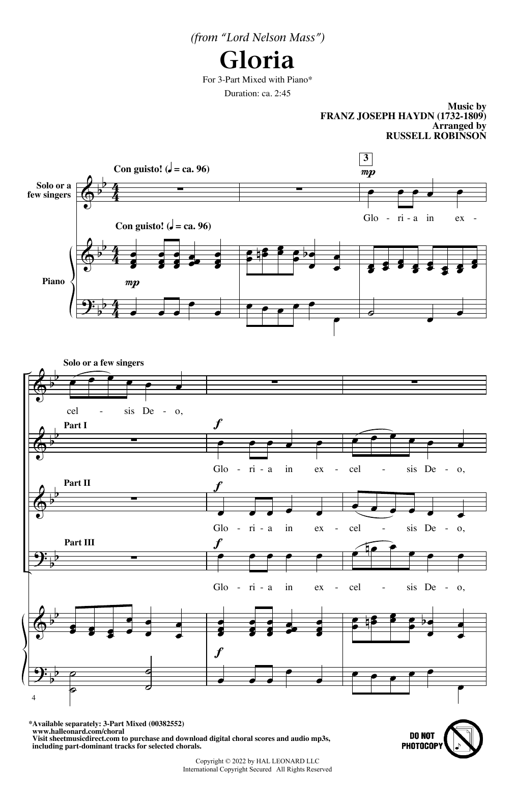 Franz Joseph Haydn Gloria (from Lord Nelson Mass) (arr. Russell Robinson) sheet music notes and chords arranged for 3-Part Mixed Choir