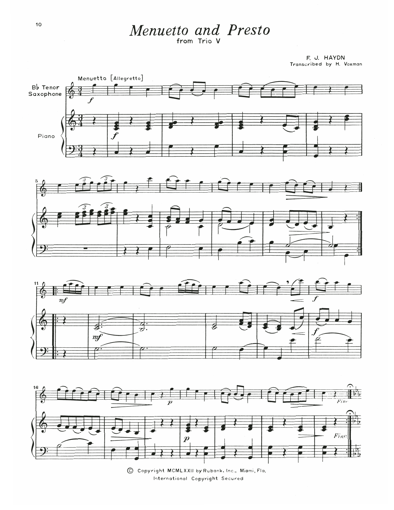 Franz Joseph Haydn Menuetto & Presto (Trio V) sheet music notes and chords arranged for Tenor Sax and Piano